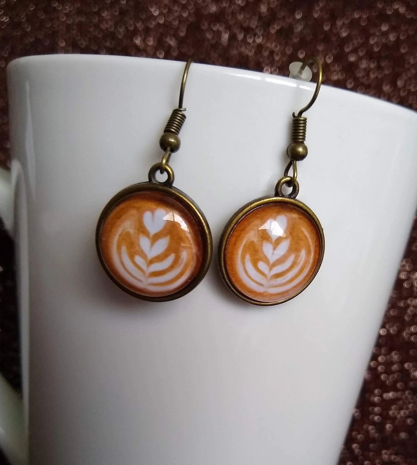 Coffee Cream Art Latte Small Dangle Glass Earrings Coffee Themed Jewelry Latte Rosetta Art Coffee Gift Jewelry Perfect Gift Coffee Lovers