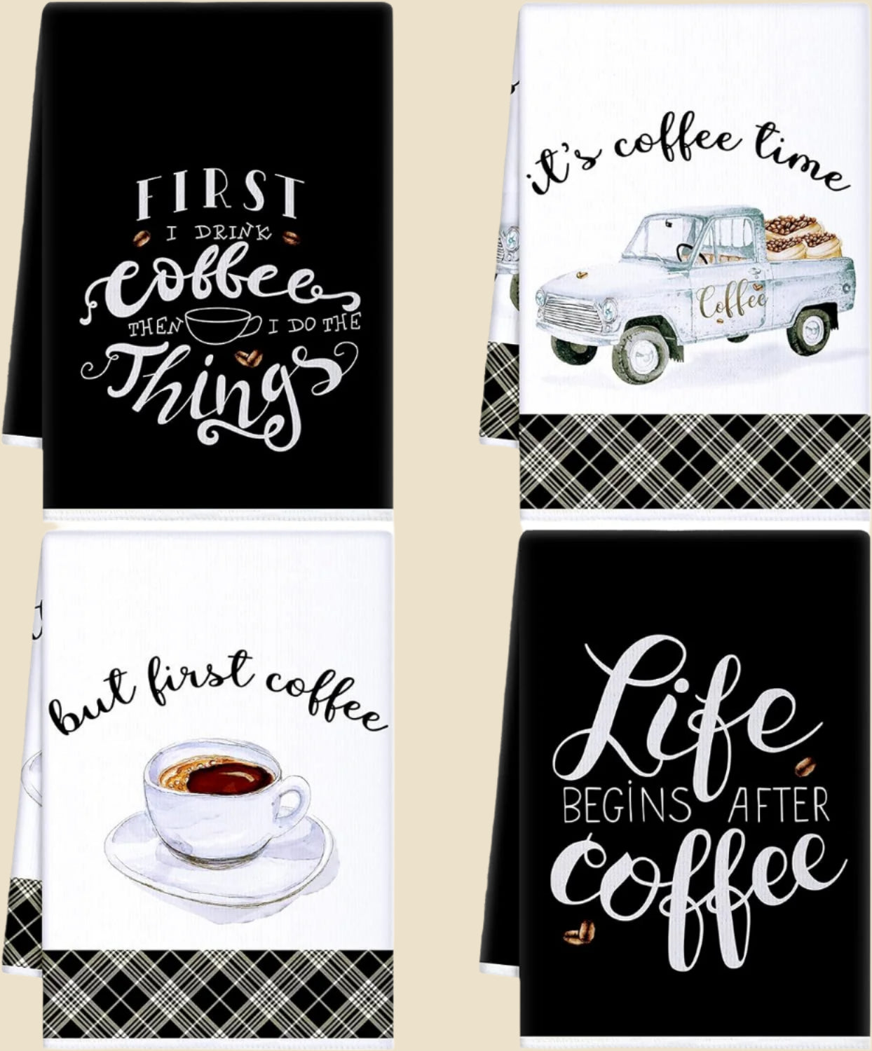 4 Pieces Kitchen Towels, Coffee Kitchen Hand Towels, Dish Towels, Absorbent Decorative Dish Cloths, for Farmhouse Housewarming (Mainly Black,Truck Style)