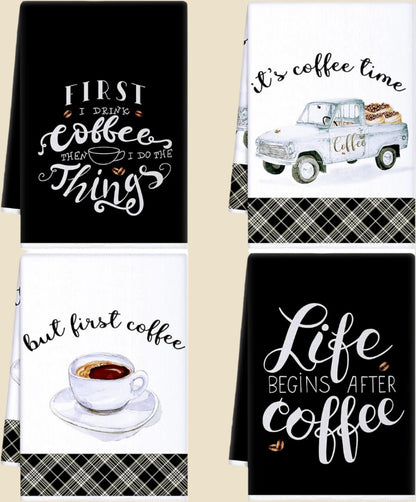 4 Pieces Kitchen Towels, Coffee Kitchen Hand Towels, Dish Towels, Absorbent Decorative Dish Cloths, for Farmhouse Housewarming (Mainly Black,Truck Style)