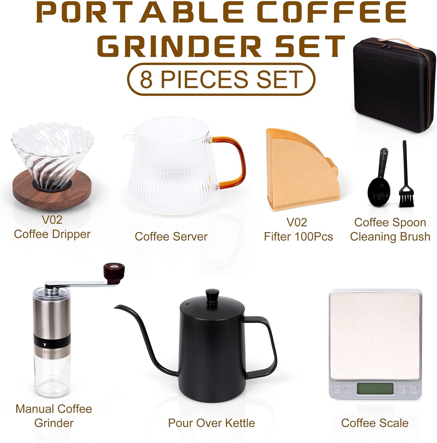 Outdoor Travel Coffee Gift Set with Goose Neck Kettle Digital Scale Walled Glass Mug Glass Server Manual Grinder Glass Dipper 100 Pcs Paper Filter and Scope for Drip