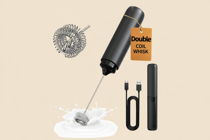 Rechargeable Milk Frother Hanheld, Dual Coil Whisk Head Electric Coffee Frother, Portable Hand Frother Wand Drink Mixer for Matcha Lattes Cappuccino, Kitchen Gifts, Black