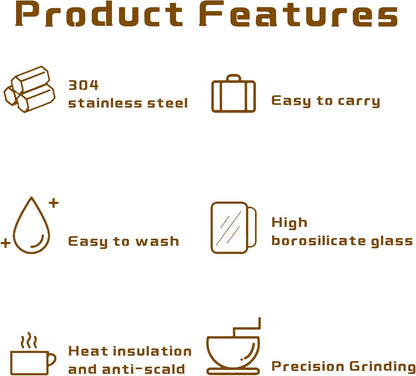 Outdoor Travel Coffee Gift Set with Goose Neck Kettle Digital Scale Walled Glass Mug Glass Server Manual Grinder Glass Dipper 100 Pcs Paper Filter and Scope for Drip