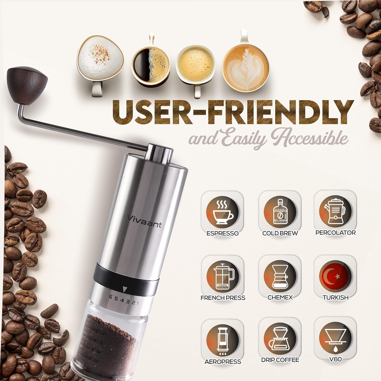 Manual Coffee Grinder — Hand Coffee Grinder with Adjustable Dragon Tooth Stainless Steel Conical Burr, No-Power, Manual Coffee Grinder for Drip Coffee, Espresso, French Press, and More!