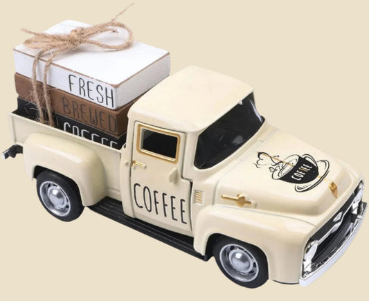 Coffee Bar Decor Vintage Metal Pickup Truck with Decorative Books Stack Coffee Tiered Tray Decor Farmhouse Kitchen Decor Coffee Decor for Coffee Bar