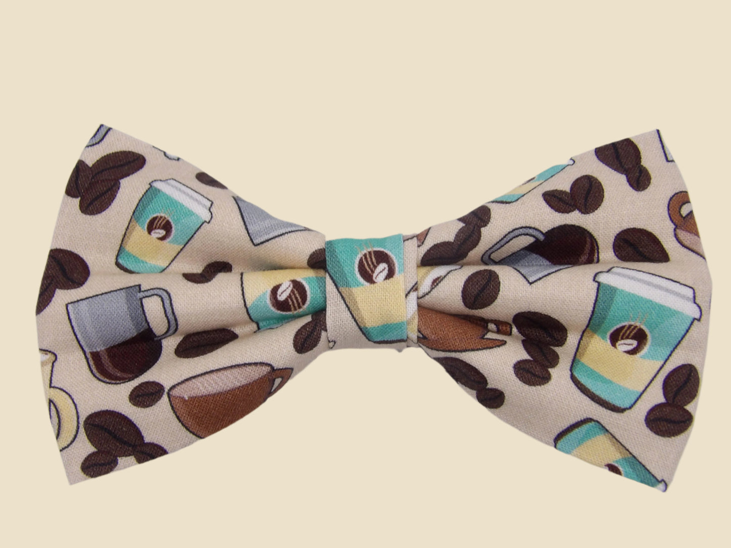 Coffee Lover Bow Tie, Coffee Beans & Cups on Tan, Pre-Tied Bow Tie, Barista Coffee Shop, Bow Ties for Men, Boys Bow Tie, Girls Hair Bow