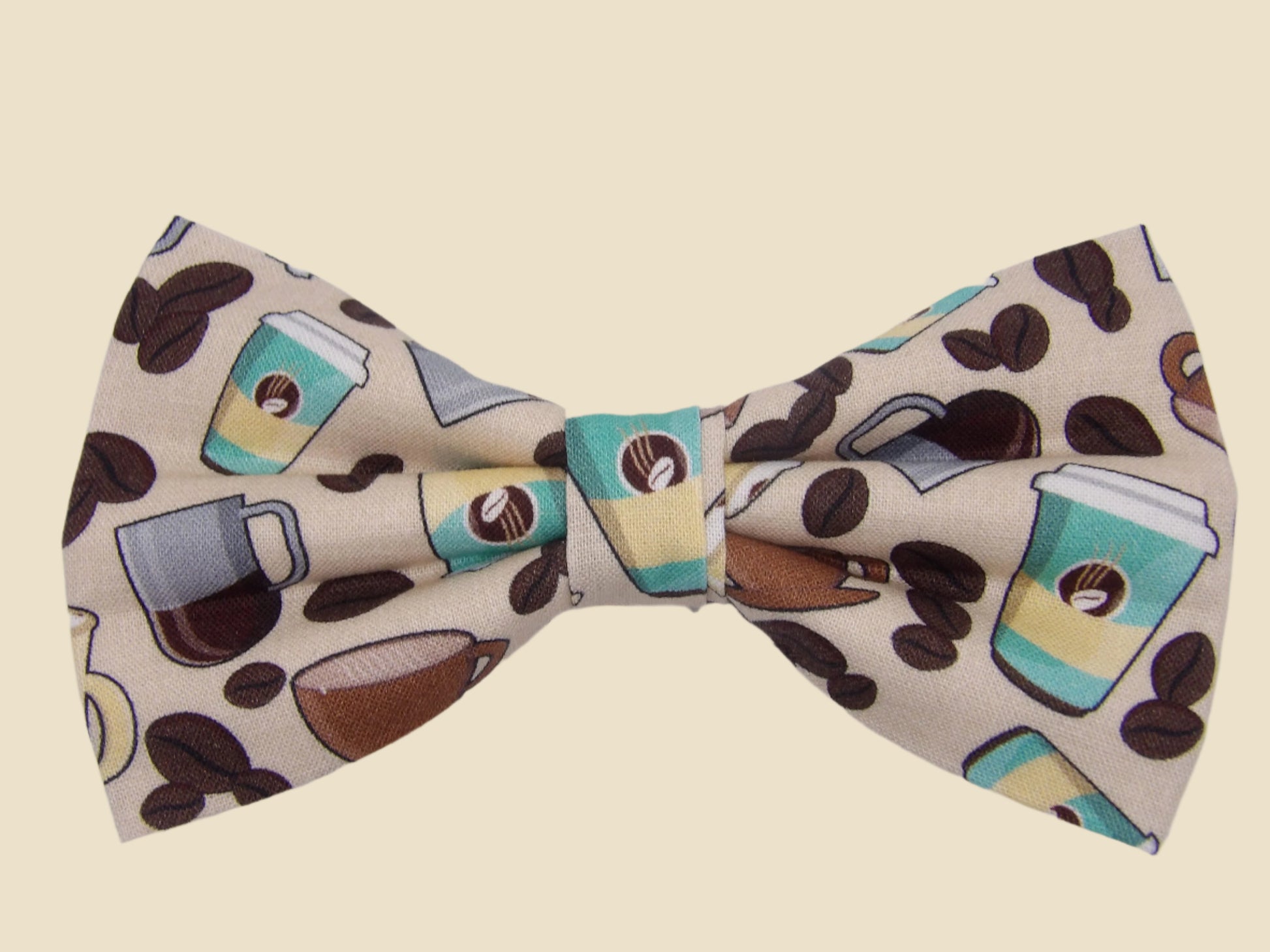 Coffee Lover Bow Tie, Coffee Beans & Cups on Tan, Pre-Tied Bow Tie, Barista Coffee Shop, Bow Ties for Men, Boys Bow Tie, Girls Hair Bow
